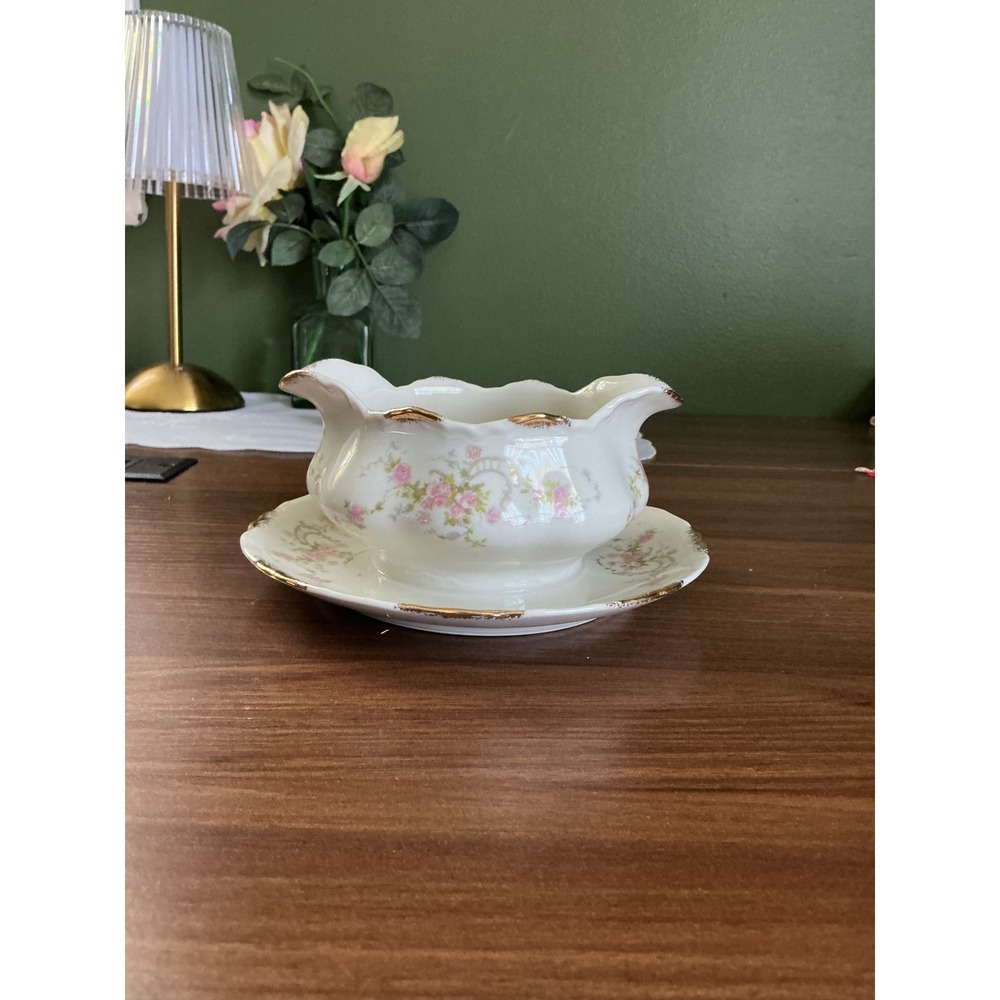 Vintage Warwick China Pink Rose Gravy Boat with Attached Underplate